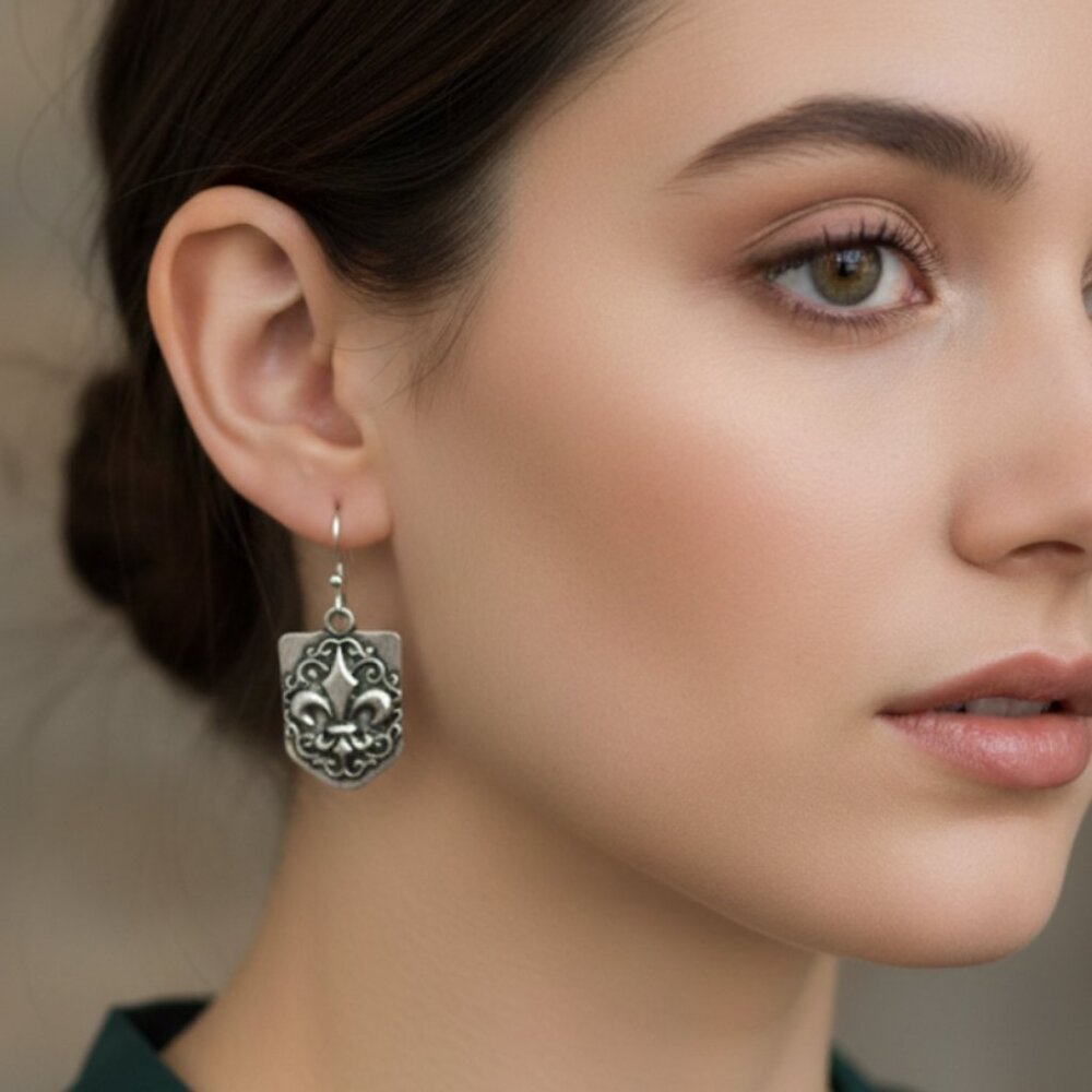 VTG 80s Nordstrom ETC Brass Plum Fleur De Lis Shield Earrings